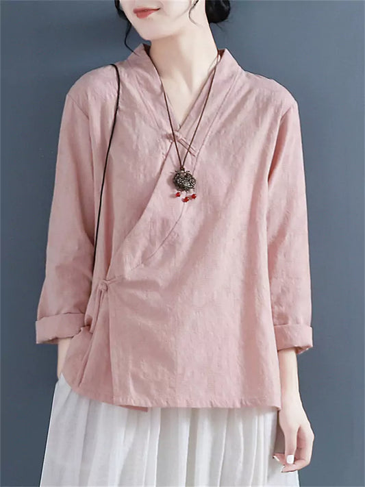 New Chinese Style Cotton Linen Zen-Inspired Asymmetrical Button Blouse Long Sleeve