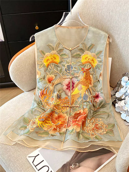 Damenweste im chinesischen Stil aus Seidenjacquard mit Stickerei, Rundhalsausschnitt und Knotenknopfverschluss