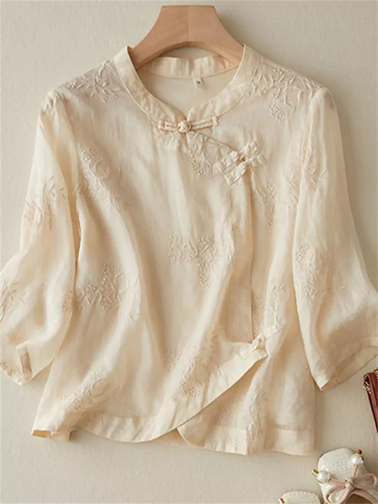 Zen Style Embroidered Cotton Linen Shirt with Knot Buttons (Summer 3/4 Sleeve)