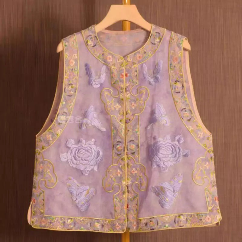 Women's Spring Chinese Style Embroidered Jacquard Vest with Retro Knot Buttons