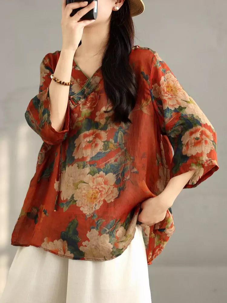 New Chinese Style Printed Oblique Placket Knot Button Linen Blend Blouse V-Neck Half Sleeve