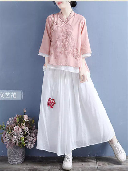 Sommerliche neue Baumwoll-Leinen-Bluse im Zen-Stil mit Stickerei und 3/4-Ärmeln