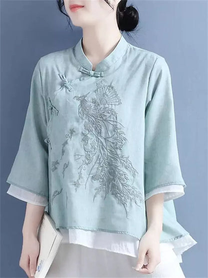 Sommerliche neue Baumwoll-Leinen-Bluse im Zen-Stil mit Stickerei und 3/4-Ärmeln