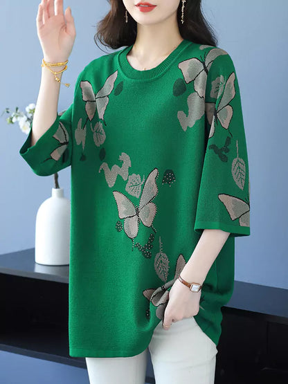 Top de punto estampado con cuello redondo y manga corta para mujer, de talla grande y moderno