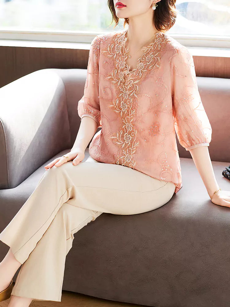 Elegant Half Sleeve Embroidery Lace Floral Chiffon Blouse  for Women