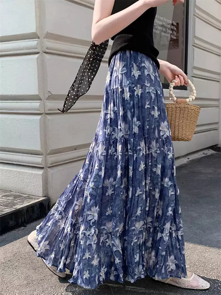 Elegant Pleated Floral Print  A-Line Skirt with Flowing Drape