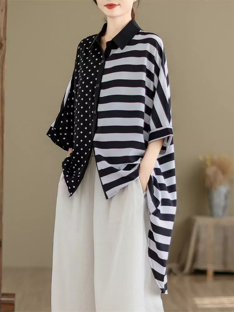 Sommerliches Patchwork-Hemd mit Polka-Dots und Streifen für Damen, Kurzarm, asymmetrischer Saum
