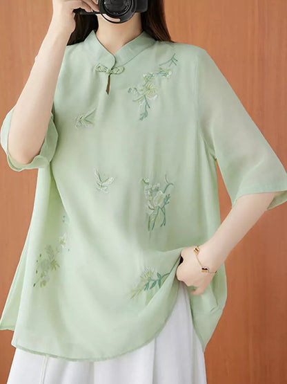 Bestickte, lässige Bluse im Tang-Stil mit Stehkragen für Damen