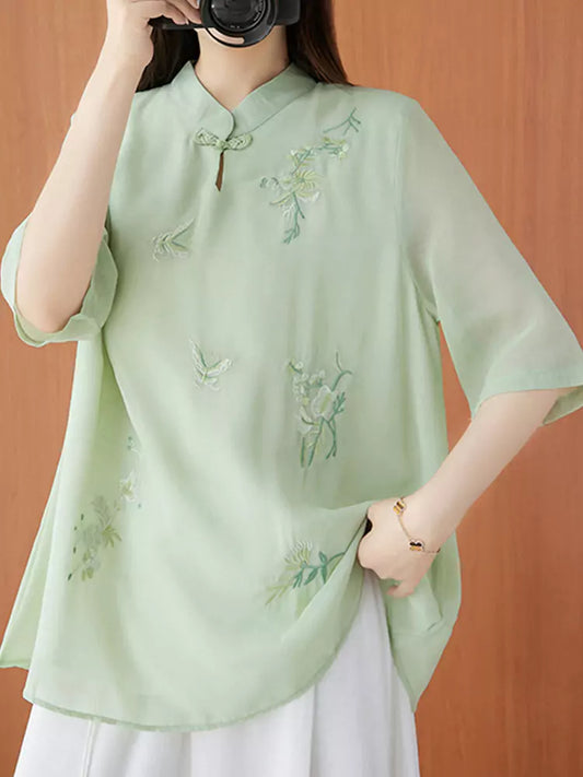 Embroidered Mandarin Collar Casual Tang-Inspired Blouse for Women