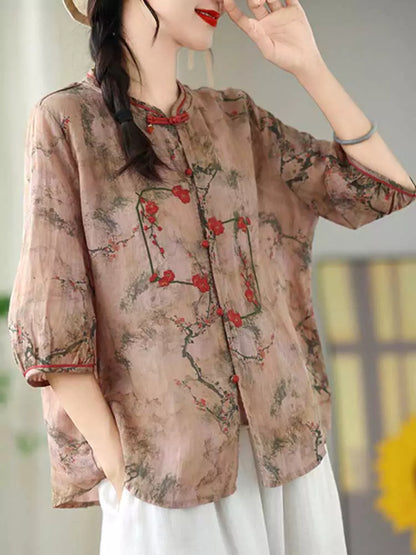 Leichte, locker sitzende Fünf-Ärmel-Bluse aus Ramie im chinesischen Stil für Damen