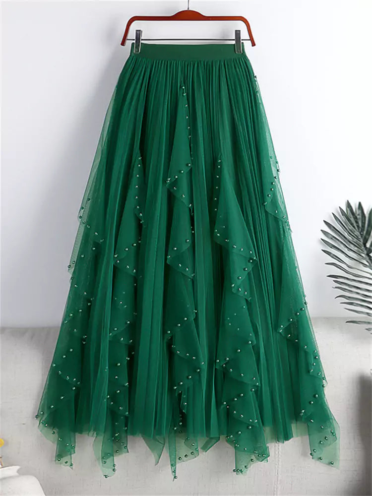 High Waist A-Line Pleated Plus Size Tulle Skirt with Pearl Embellishments