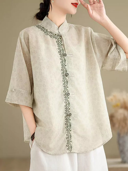 New Chinese Style Embroidered Stand Collar Lightweight Ramie Blouse for Women