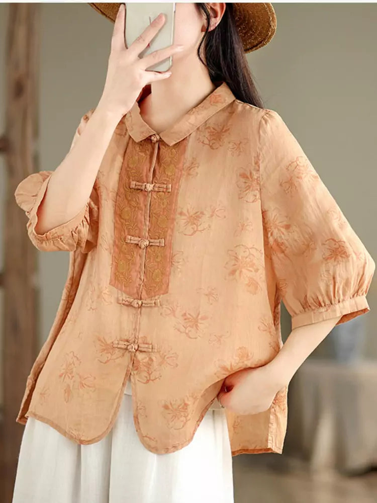 New Chinese Style Embroidered Ramie Blouse for Women Frog Button with Stylish Half Sleeves