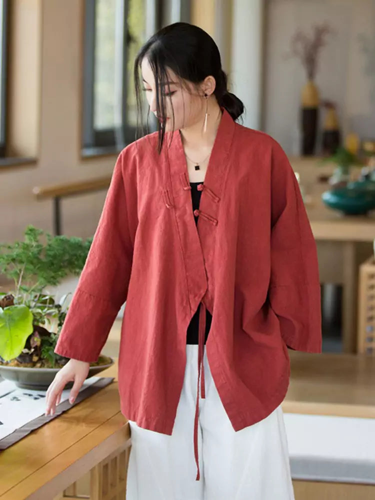 Vintage-Bluse aus gewaschenem Leinen-Baumwoll-Mischgewebe im chinesischen Stil mit Stehkragen für Damen
