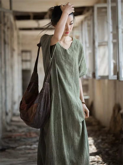 Neues handgefärbtes Maxikleid aus Ramie im chinesischen Stil mit V-Ausschnitt für Damen