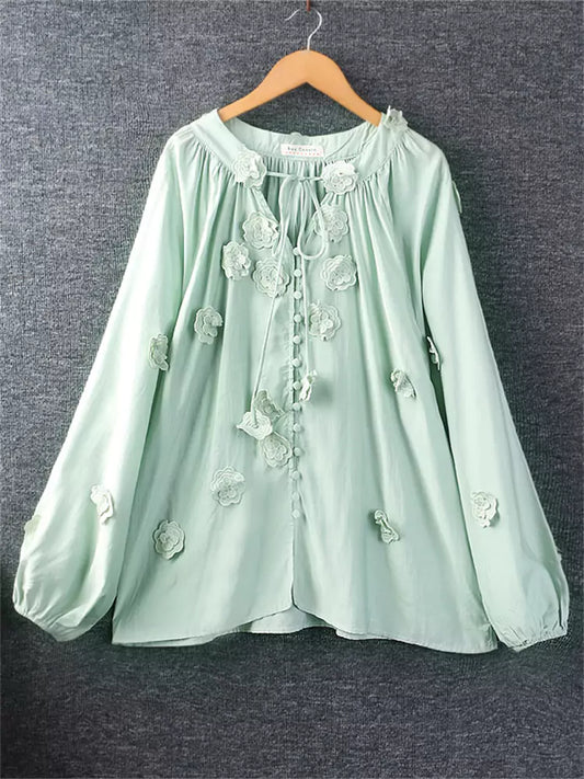 Women's Sweet Fresh Tie-Neck Embroidered Cotton Linen Blouse with Applique Detailing