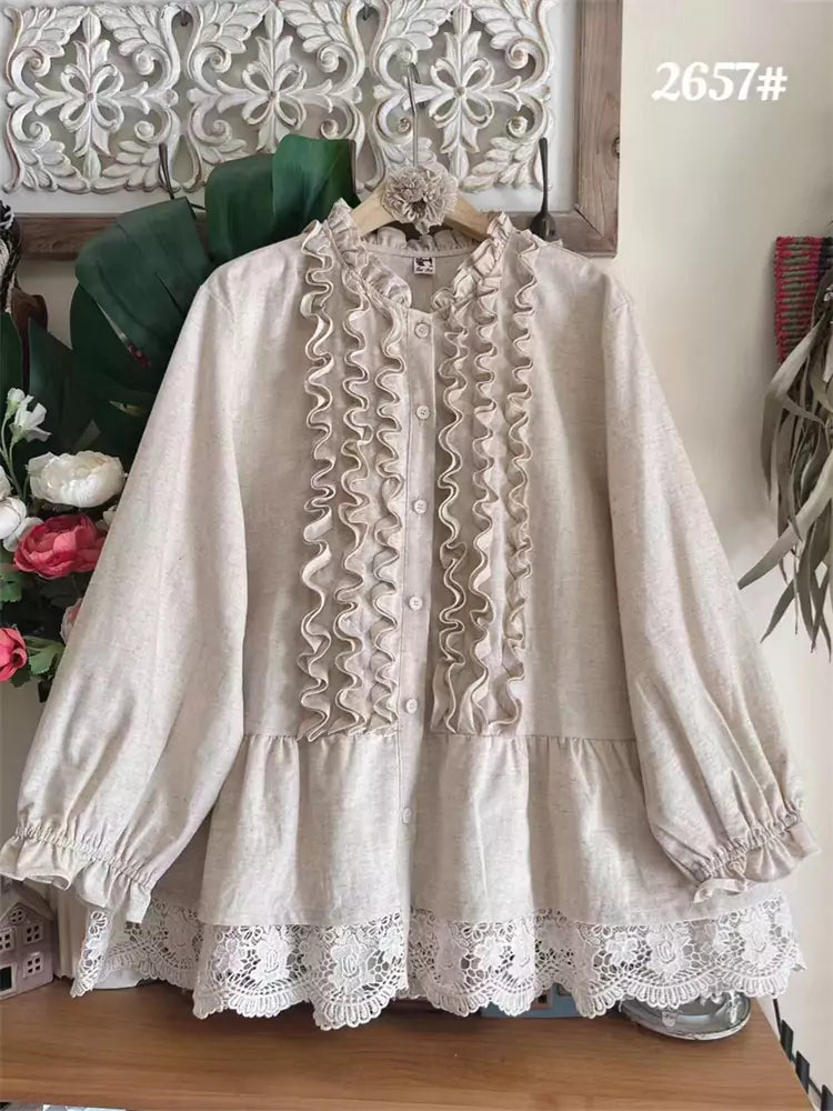 Blusa de lino y algodón con volantes estilo japonés para mujer, manga larga