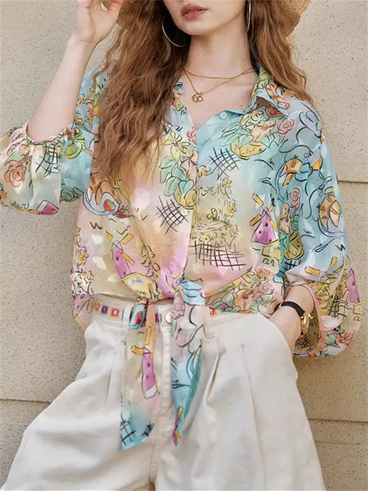 All-Over Print Tie-Up Long Sleeve Vacation Style Beach Blouse for Women