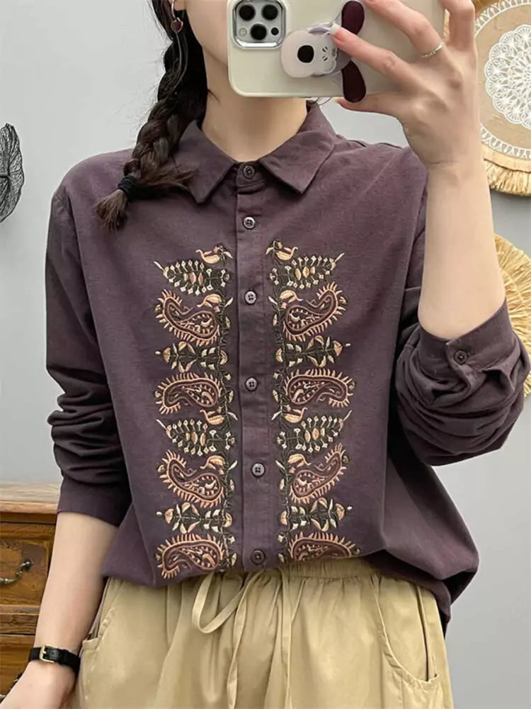 Cotton Brushed Long Sleeve Shirt with Heavy Embroidery for Women