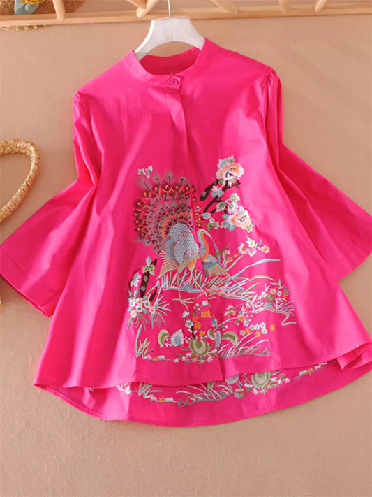 Trendy Embroidered Loose Fit Half Sleeve Fashion Blouse with Elegant Detailing for Women