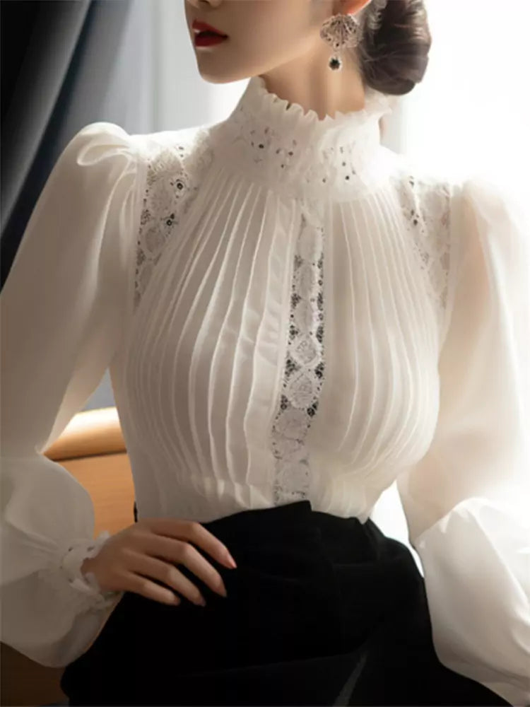 Elegant White Puff Sleeve Blouse for Women – High Neck Chic Top with Sophisticated Style