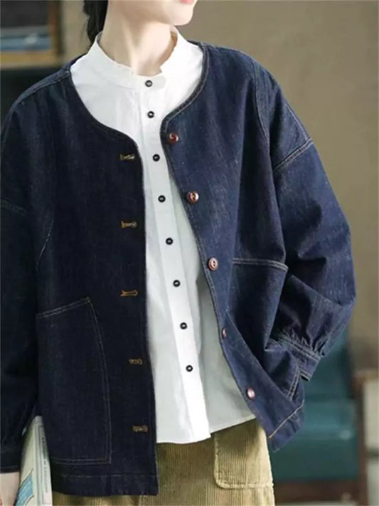 Vintage Artistic Washed Round Neck Cotton Denim Jacket for Women