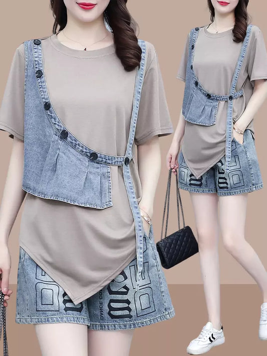 Fashionable Short Sleeve Faux Two-Piece Asymmetrical Patchwork T-Shirt for Women