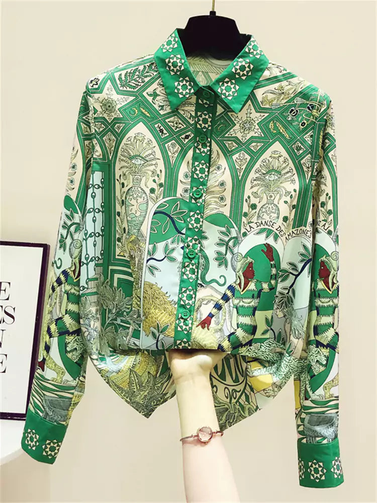 High-End Chiffon Blouse with Retro Print