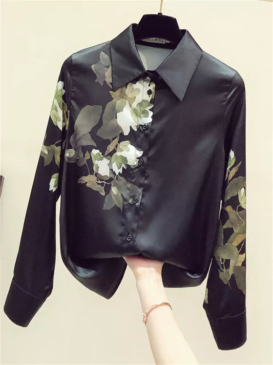 Vintage Black Floral Print Silk Blouse for Women Long Sleeve