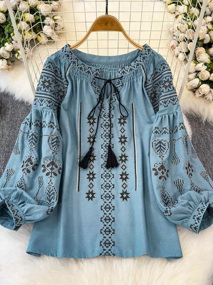 Ethno-Stil, bestickte, locker sitzende Bluse mit Laternenärmeln und Bindebändern für Damen