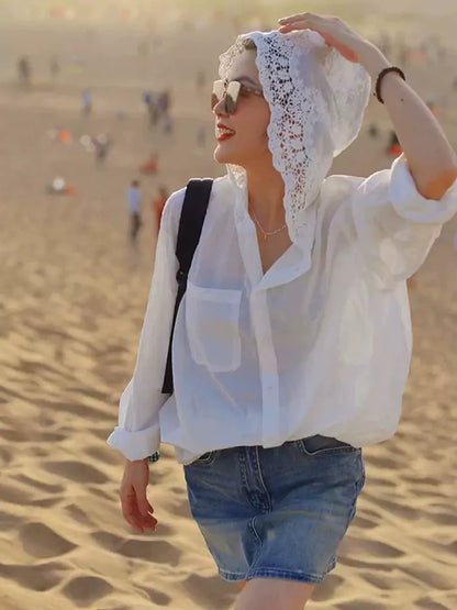 Camisa de sol con capucha de crochet hueco estilo francés para mujer