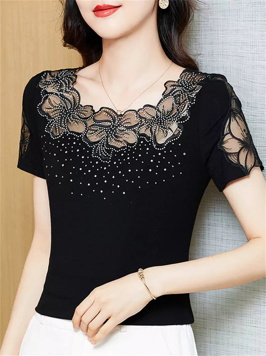 Blusa de manga corta con estampado floral, elegante y brillante, con diamantes de imitación para mujer