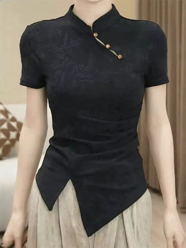 Plus Size Vintage Stand Collar Short Sleeve Irregular Split Hem Blouse
