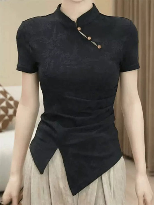 Plus Size Vintage Stand Collar Short Sleeve Irregular Split Hem Blouse