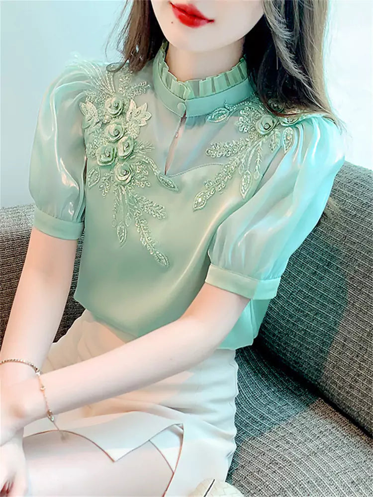 Summer Puff Sleeve 3D Flower Chiffon Blouse for Women