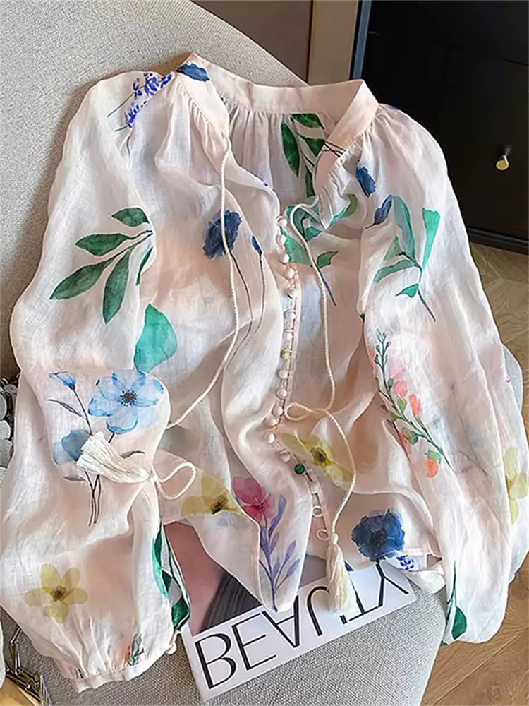 Vacation Style Floral Tie-Up Sun Protection Shirt for Women