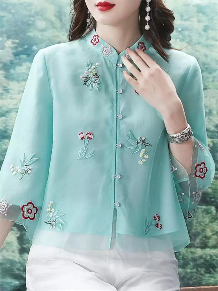 Vintage Embroidery Mandarin Collar Button Up Blouse for Women