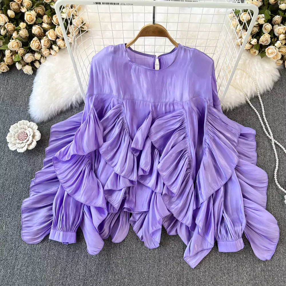 Stylish Elegant Ruffle Trim Round Neck Loose Long Sleeve Blouse for Women