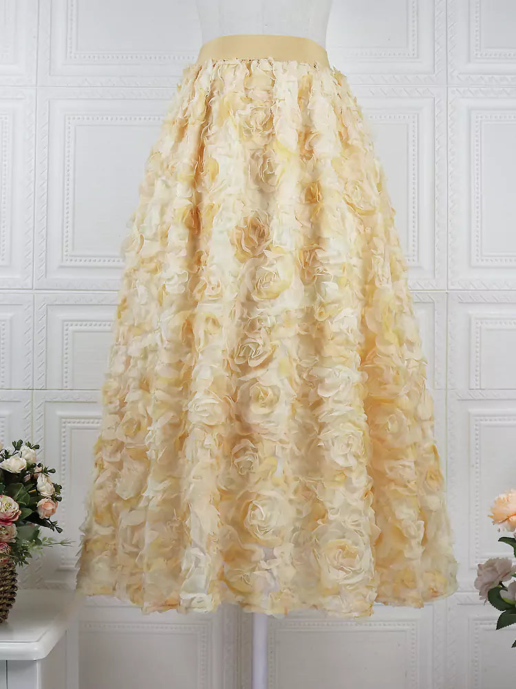 Elegant Fairy-Style Long Tulle Skirt with 3D Floral Details