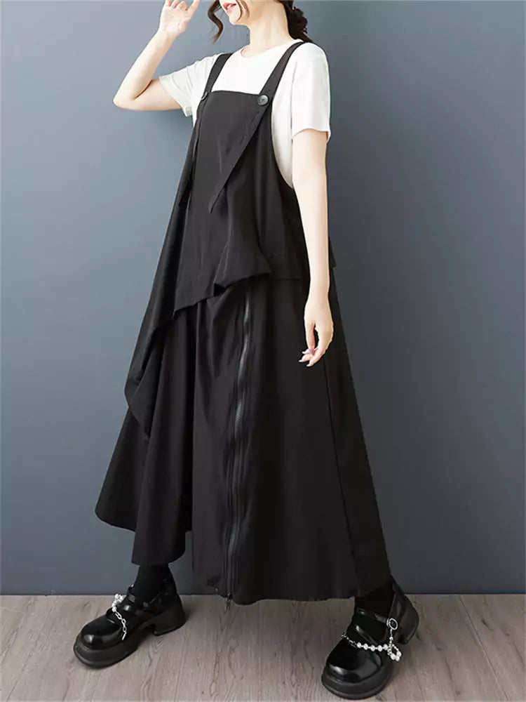 Dark Academia Style Patchwork Suspender Dress