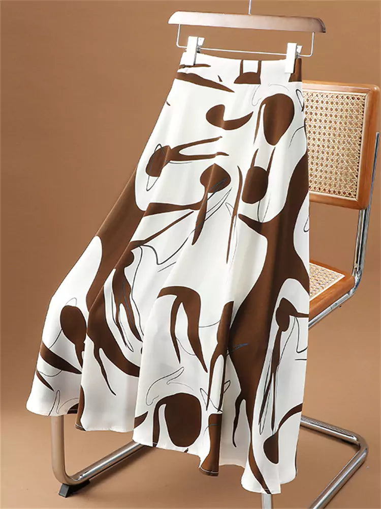Hochtaillierter, fließender Chiffon-Midirock mit künstlerischem Tintenwasch-Print