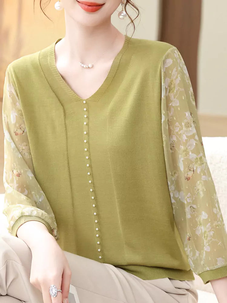 Trendy V-Neck Knit Top with Sheer Mesh Sleeves for Women