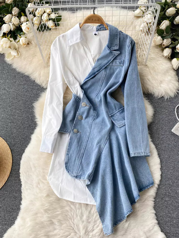 Vestido camisero de mezclilla con patchwork y manga larga asimétrico para mujer