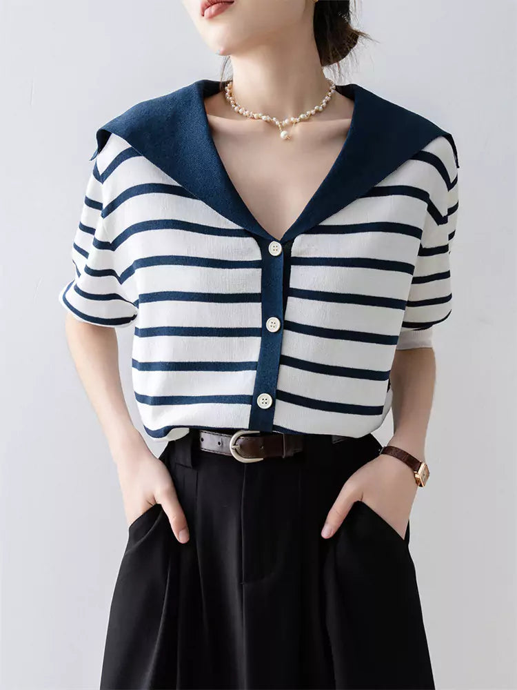 Top de punto de seda hielo a rayas azules con cuello marinero para mujer
