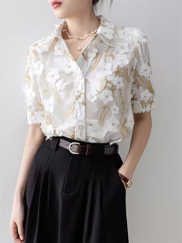 Women's Summer Elegant Floral Embroidered Blouse Short Sleeve