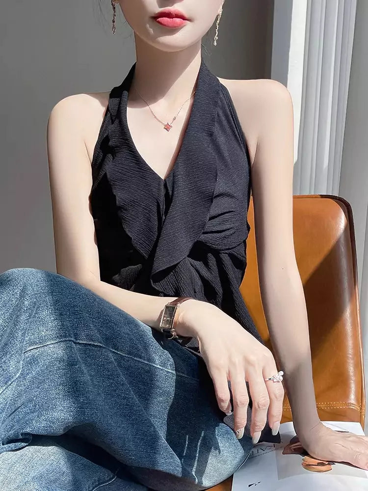 French Style Black Halter Neck Sleeveless Tank Top for Women