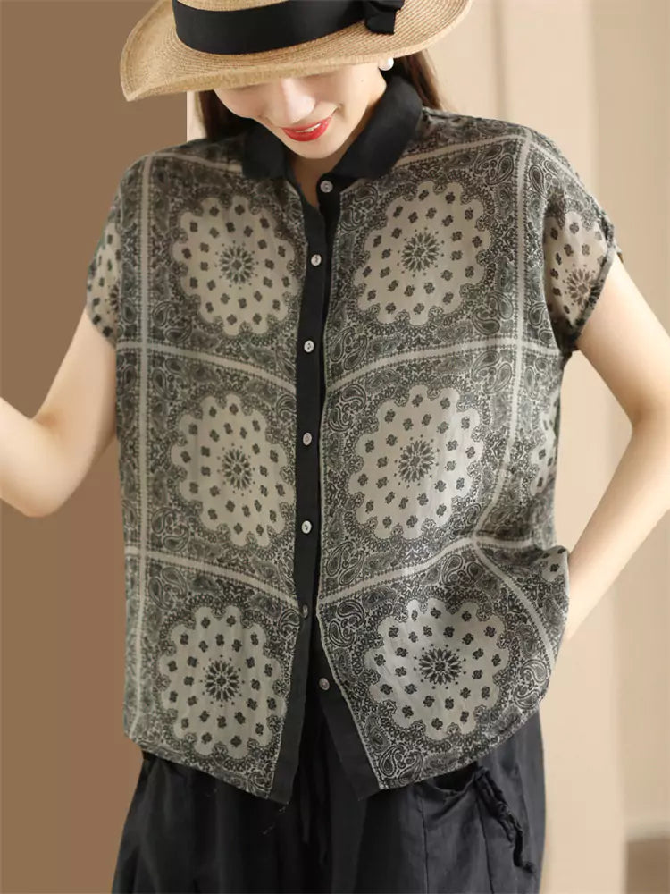 Vintage Dyed Floral Ramie Colorblock Short Sleeve Shirt for Women
