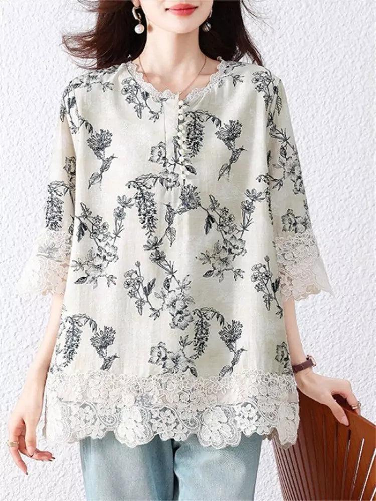 Fashion Printed Lace Patchwork Loose Fit Shirt for Women Plus Size