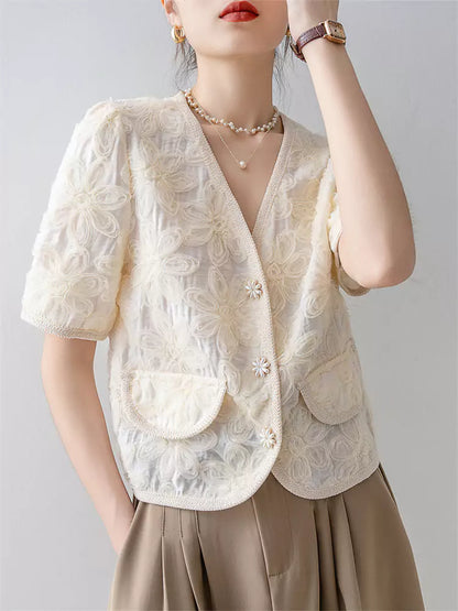 Aprikosenfarbenes Kurzarmhemd im französischen Stil mit V-Ausschnitt und Puffärmeln für Damen