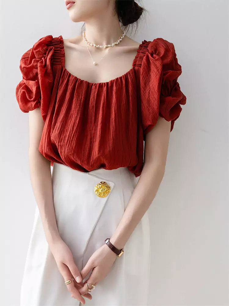 French Style Red Square Neck Chiffon Short Sleeve Shirt for Women
